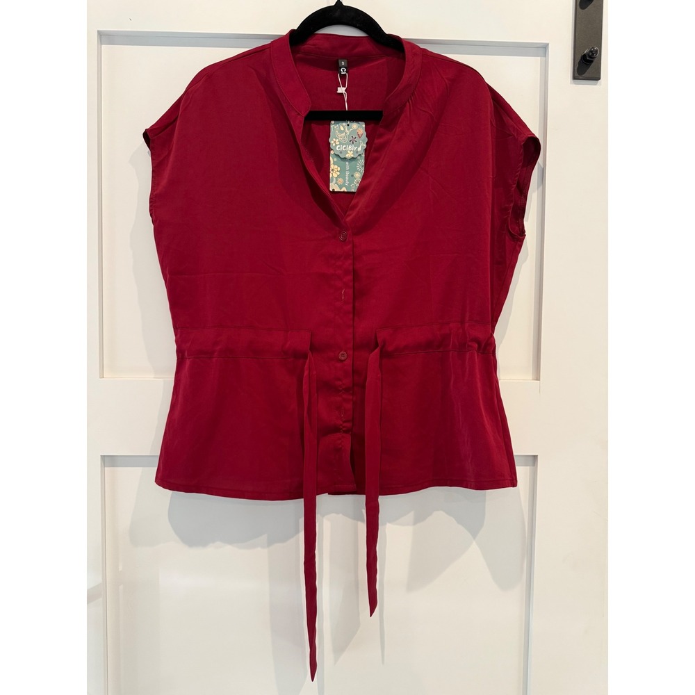 Cicibird Burgundy Red Short Sleeve Button Up Drawstring Waist Blouse Small NWT
